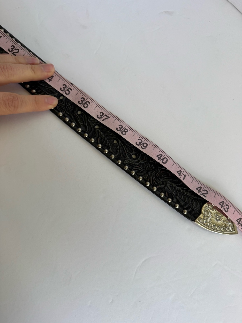 Black Leather Rhinestone Belt Crystal Festival Western Cowgirl Tooled Large - Picture 11 of 12